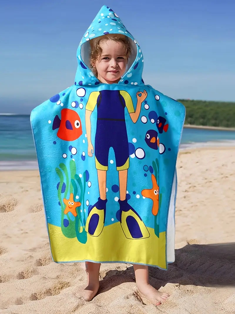 Serviette Plage Poncho à Capuche Microfibre Animaux Marins - Adulte Ou Enfant, Séchage Rapide