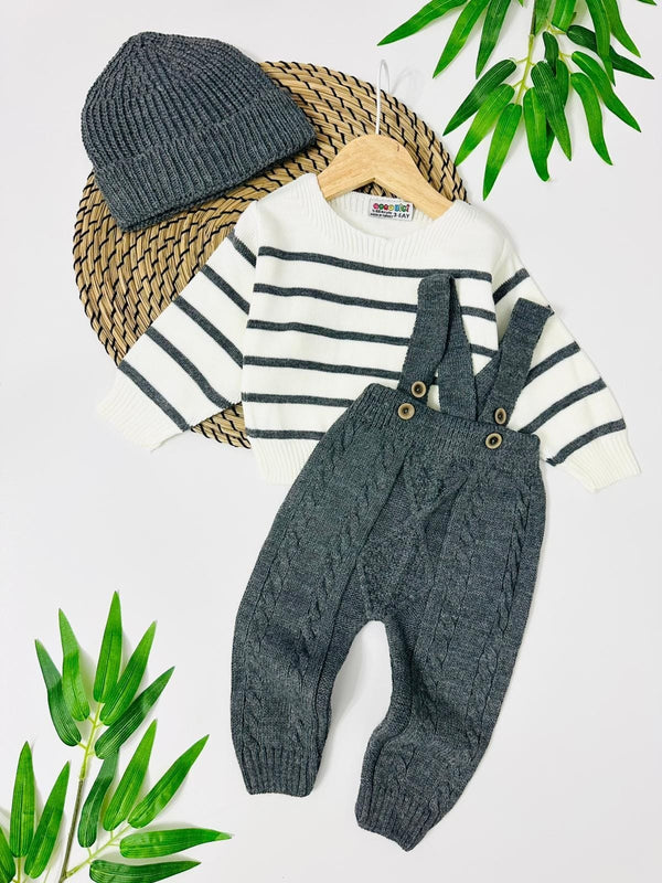 Ensemble 3 Pièces Salopette en Tricot de 3 à 18 Mois