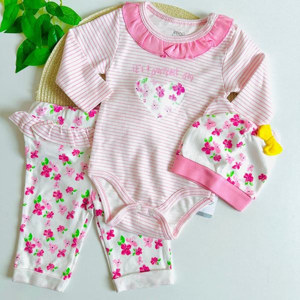 Ensemble 3 pièces Coton Cœur Fleur 0 à 6 Mois