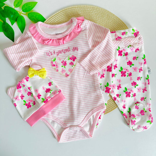 Ensemble 3 pièces Coton Fleur 0-3 Mois