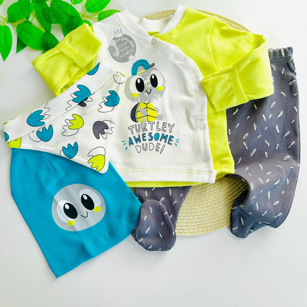 Pack 4 pièces sortie d’hôpital 100% Coton Tortue 0-3 Mois