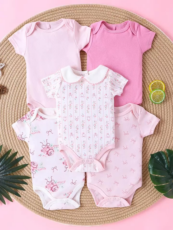 Pack 5 bodies coton motif fleurs de 0 à 9 Mois